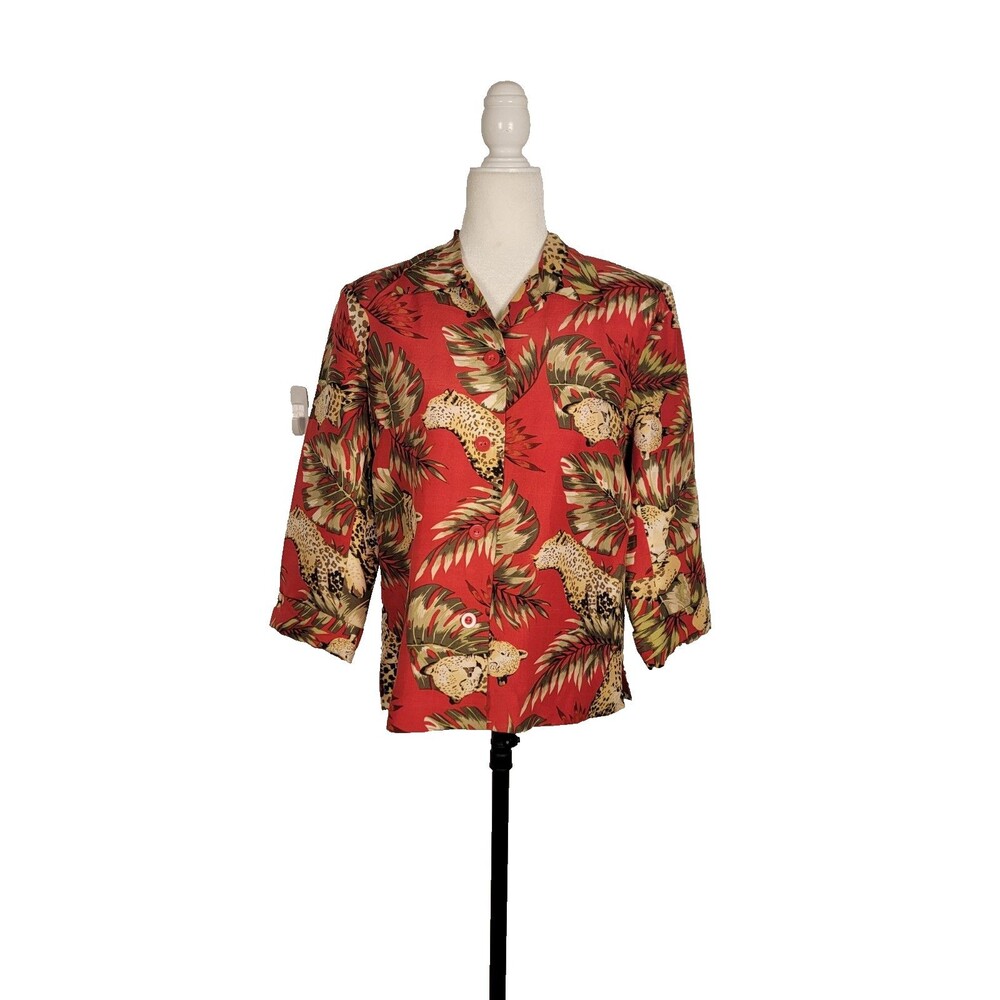 Vintage 1990s Womens Silk Leopard Jaguar Print Floral Tropical Palm Blouse Sz S